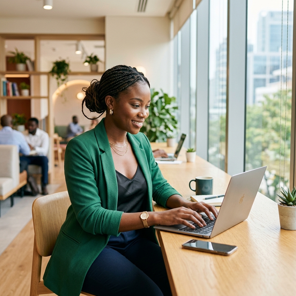 African creator working on laptop